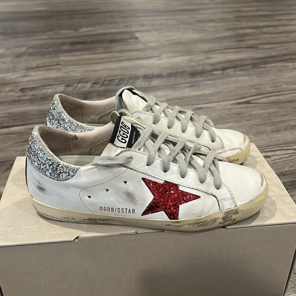 Golden Goose GGDB Superstar Red Glitter Star Silver Sneakers Sz 38 US 8 Women’s - Picture 6 of 16